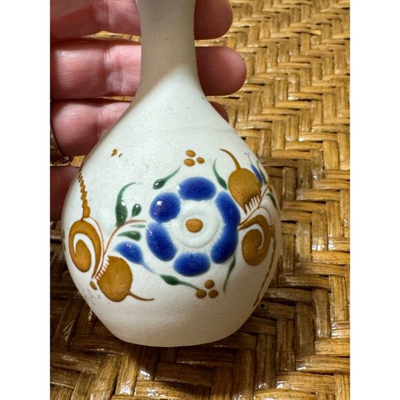 Mexican Tonala Bud Vase Signed Folk Art Hand Painted Flower Sandstone - Picture 9 of 13